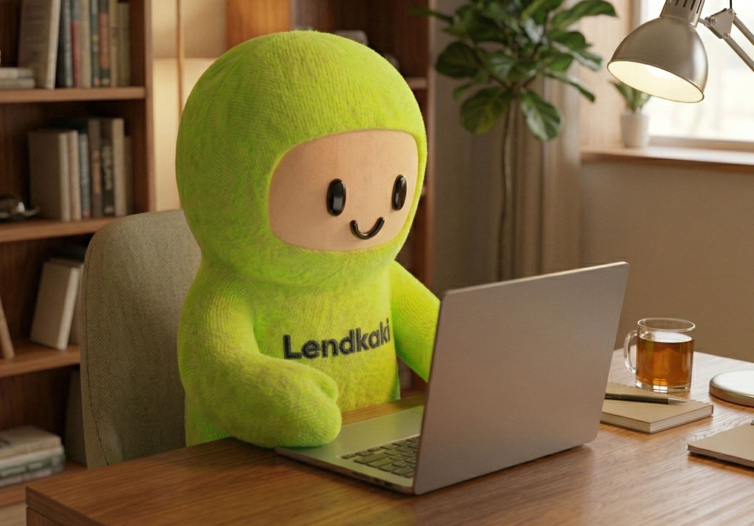 LendKaki mascot at laptop